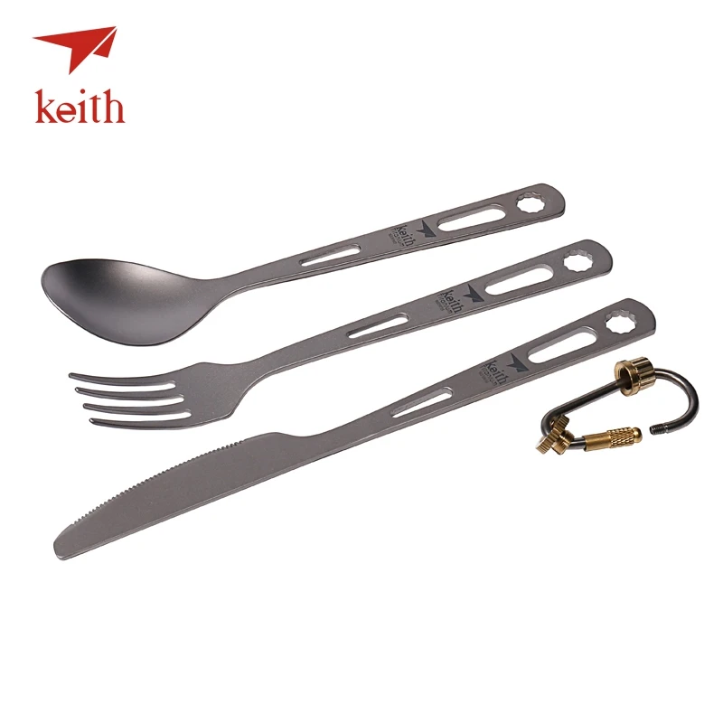 Keith titanio tenedor cuchara cuchillo cubiertos con titanio Carabiner al aire libre Camping viaje vajilla Picnic senderismo Spork 53g