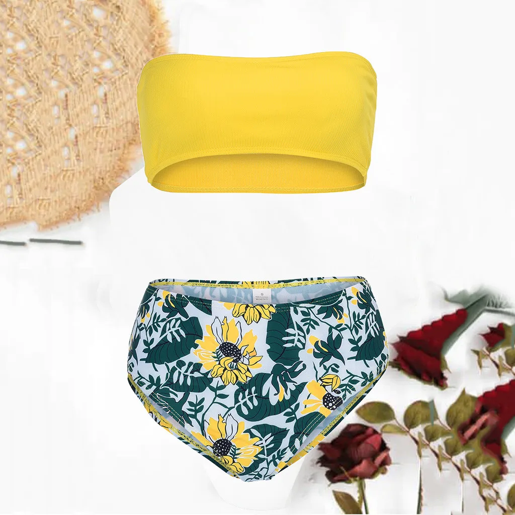 

Women split bikini yellow high waist Print new swimsuit breast wipe bikini two-piece beach push-ups maillot de bain femme #YL