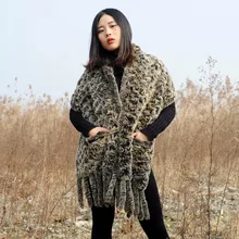 CX-B-66 новейший натуральный кроличий мех ручной вязки шаль с бахромой с карманами Женский кашемировый шарф