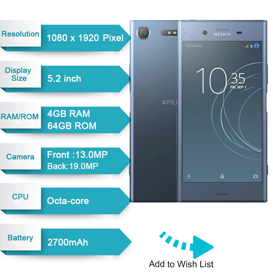 Мобильный телефон sony Xperia XZ1 G8341 4G ram 64G rom 5," Octa Core 19MP 2700mAh с одной sim-картой Android LTE