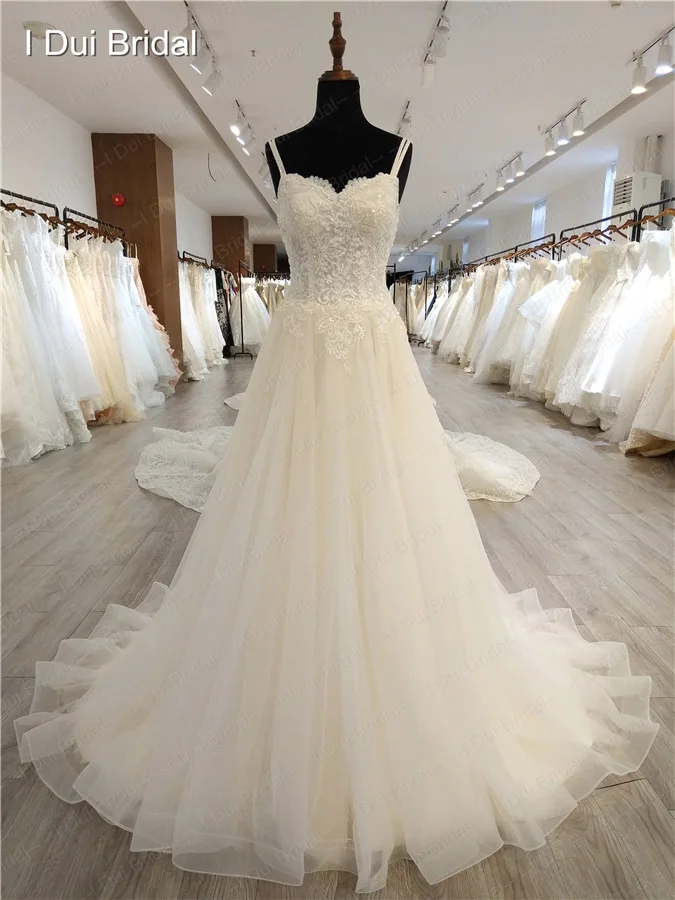 Уникальное кружевное Тюлевое свадебное платье А Линия Спагетти двойной ремень Свадебное высококачественное вечернее платье на заказ - Цвет: light champagne