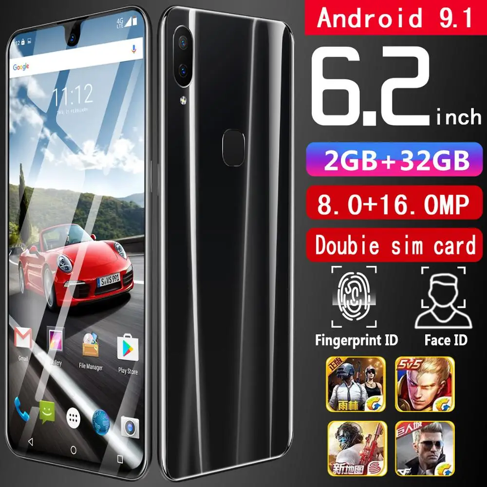 2gb+32gb CHAOAI X23 6.2 Inch Smartphone unlocked Mobile android 9.1 10 core HD cameras 2 sim 2 standby 4G Cellphone