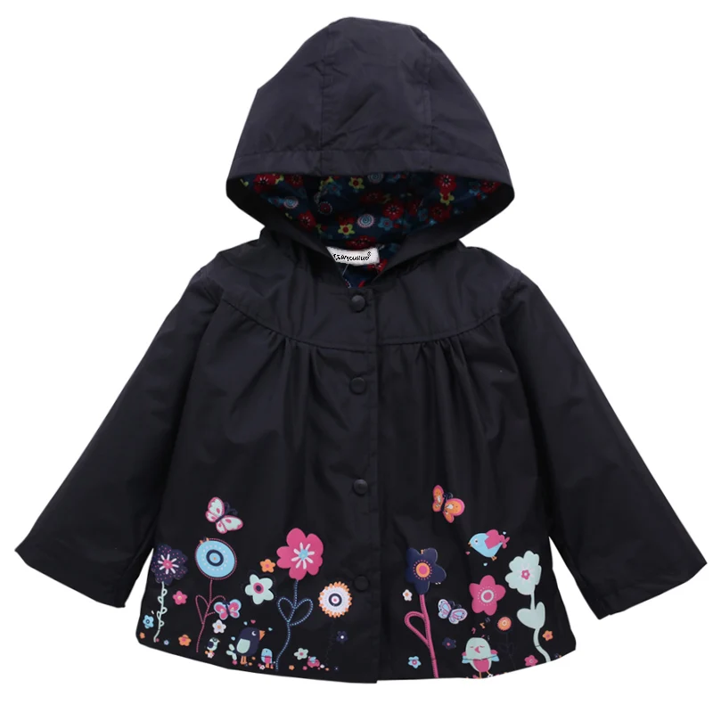 Куртки для девочек, пальто, Весенняя детская водонепроницаемая куртка-дождевик, детская одежда, осенние пальто с цветочным принтом, верхняя одежда для девочек, ветровка - Цвет: Black