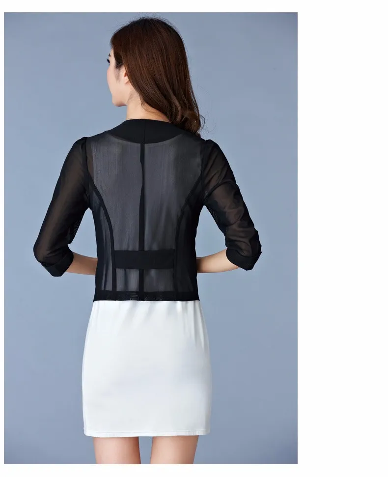Women Black White Gauze Jacket Summer 2016 Chiffon Cardigan Sexy 34 Sleeve Plus Size Slim Jackets Office Lady Coat Tops A385  f