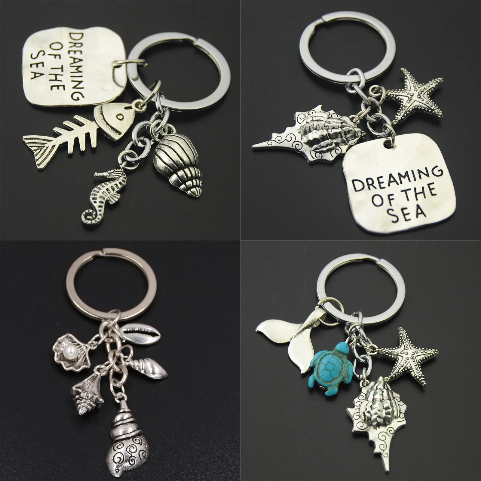

1pc Blue Turtle Charms Starfish Conch Fish Tail Keychains With Shell Charms Beach Keyring Summer Jewelry