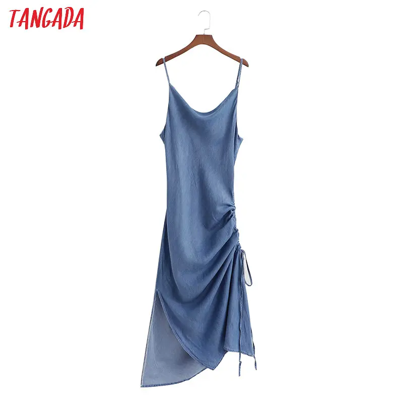 

Tangada fashion women sundress blue denim dress pleated spaghetti strap ladies irregular dresses 1D321