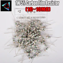 Filme resistor de carbono, 1w 1r ~ 10m 5% 1.5k 2.2k 4.7k, 20 peças filme de carbono resistente, filme de carbono resistente 10k 22k 47k 100k 100 220 1k5 2k2 4k7 ohm