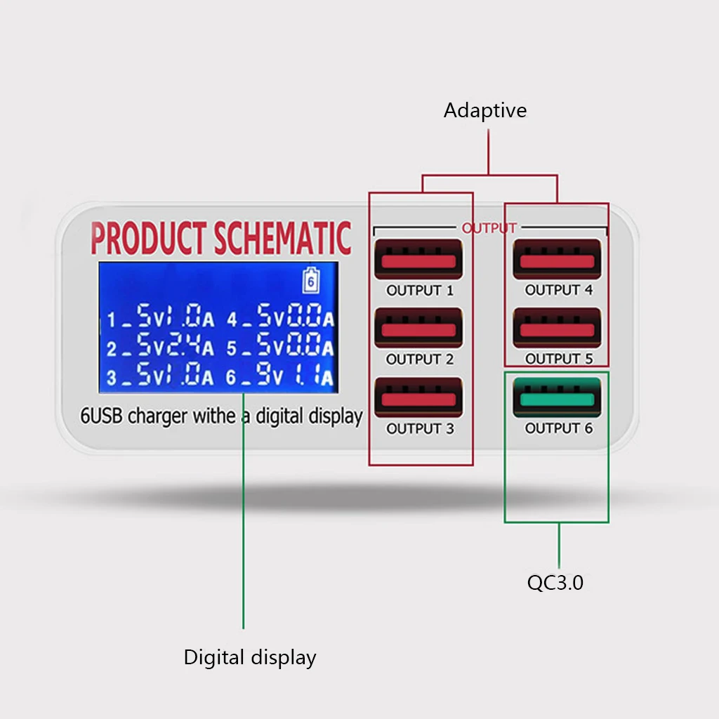 USB зарядка 3,0 6-Порты и разъёмы 6A USB Зарядное устройство Адаптер Hub с несколькими usb-портами концентратор с Зарядное устройство Док-станция с ЖК-дисплей Дисплей автоматическое определение Tech