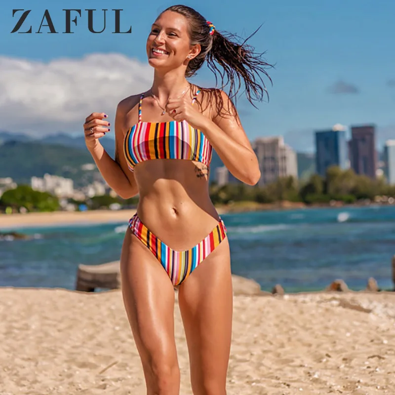 

ZAFUL Women's Summer Colorful Striped Bikini Set Summer Bandage Push Up Bikinis Set Brazilian Biquini Swimsuit Beachwear Suit