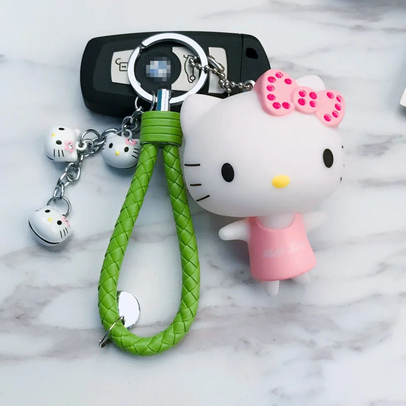

2019 Cute Pvc Cat Hello Kitty Doll Keychain Leather Rope Key Holder Metal Bell Key Chain Keyring Charm Bag Auto Pendant Gift