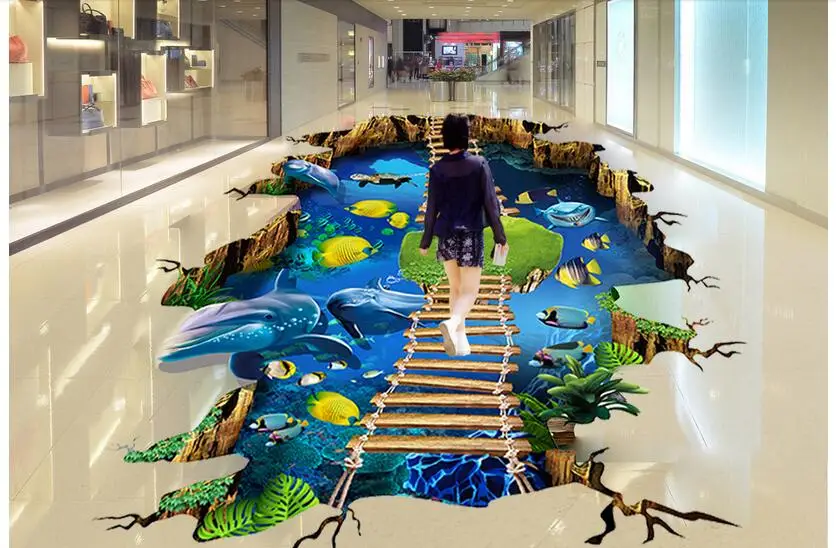 

3d pvc flooring custom photo mural picture Sea dolphin ladder Waterproof floor wallpaper for walls 3d room decoration painting