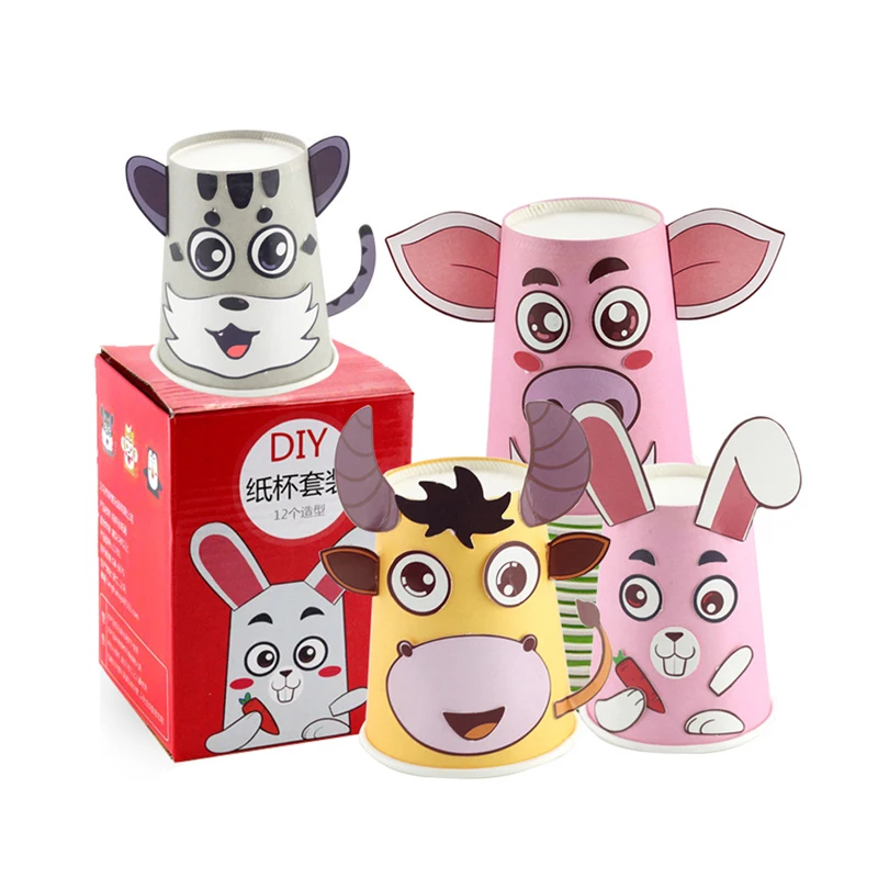 

12pcs Handmade Colorful Paper Cups Face Kindergarten Montessori Educational DIY Craft Toys for Children Material Kit Cartoon