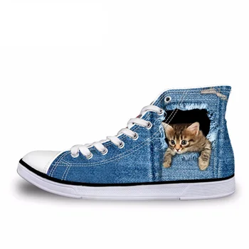 

NOISYDESIGNS High Top Men Vulcanized Shoes Fashion Blue Denim 3D Animal Cat Print Male Lace Up Men Casual High-top Canvas Shoes