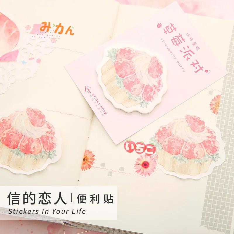 

1 set Memo Pads Kawaii Stickers Strawberry party Sticky Notes Escolar Papelaria School Supply Bookmark Notepad Label