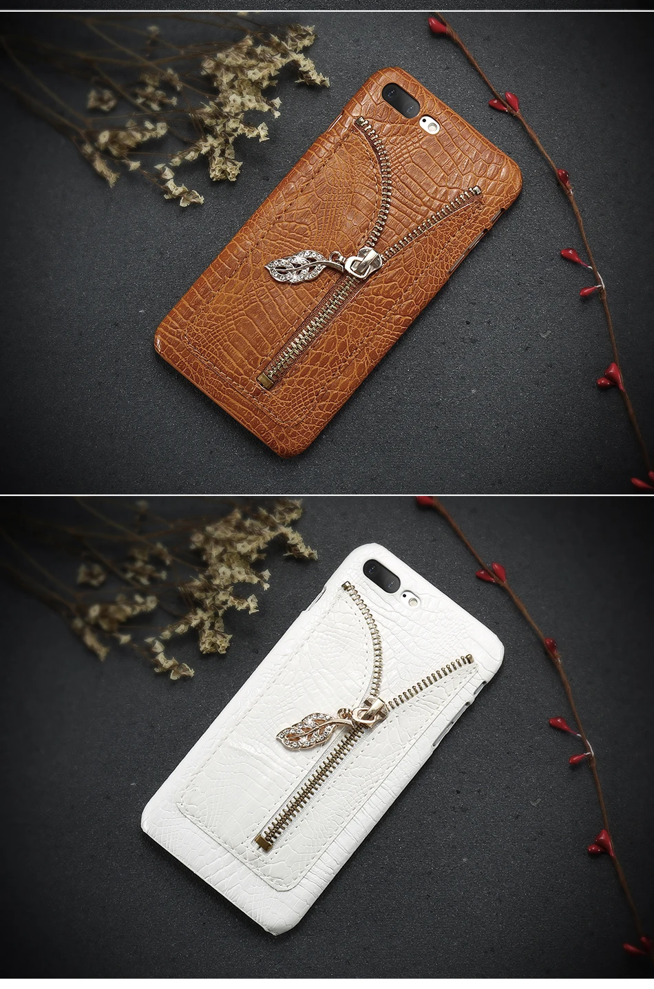 Zipper Leather Case For iPhone 6 6S 7 Plus 5 5S Rhinestone Leaf Crocodile Pattern (11)