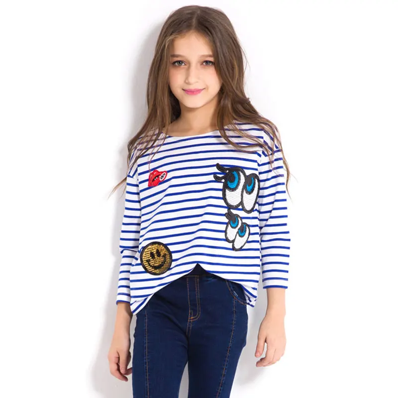 

2018 Fashion Girls Sequins T-shirts Big Eyes Tops Cotton Autumn Girl Long sleeve Cartoon stripe Tshirt Kid Children Clothes5-14Y