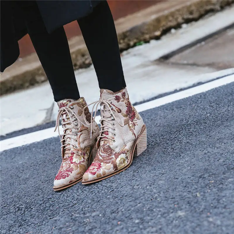 MORAZORA/2018 г. Новые ботильоны женские в китайском стиле с вышивкой модные ботинки на шнуровке на осень-зиму Дамская обувь Большие размеры 34–43