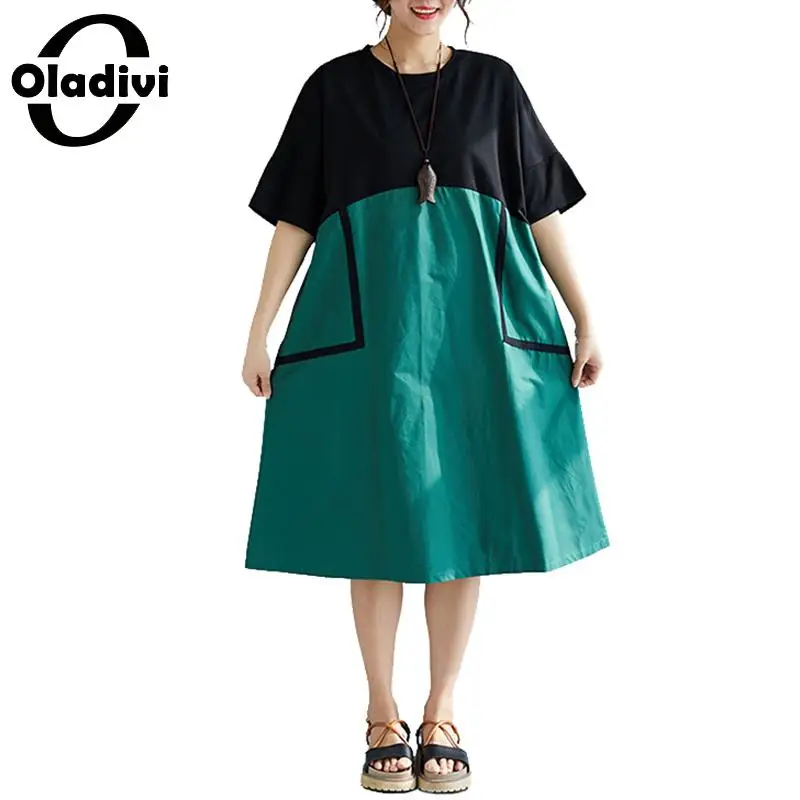 

Oladivi Brand Women Clothing Summer 2019 Casual Loose Short Sleeve Patchwork Midi Dresses Pocket Tunics Vestidios Femininos XXL
