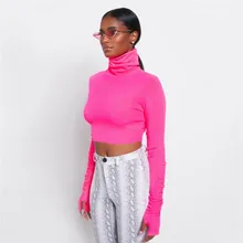 US Stock Women Turtle Neck Crop Top Ladies Long Sleeve Plain T-shirt