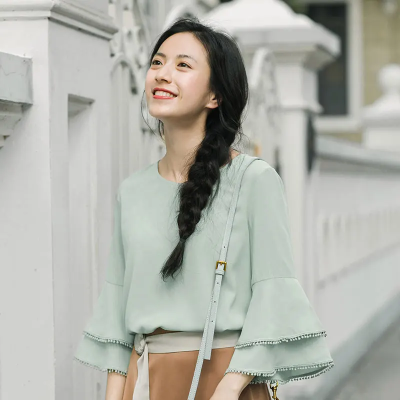 

INMAN Autumn Round Neck Long Half Flare Sleeve 100% Cotton Loose Shape Solid Color All Matched Blouse Women