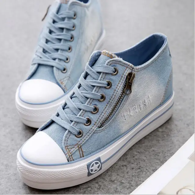 Blue Casual Shoes Vintage Water Wash Denim Shoes Breathable Platform