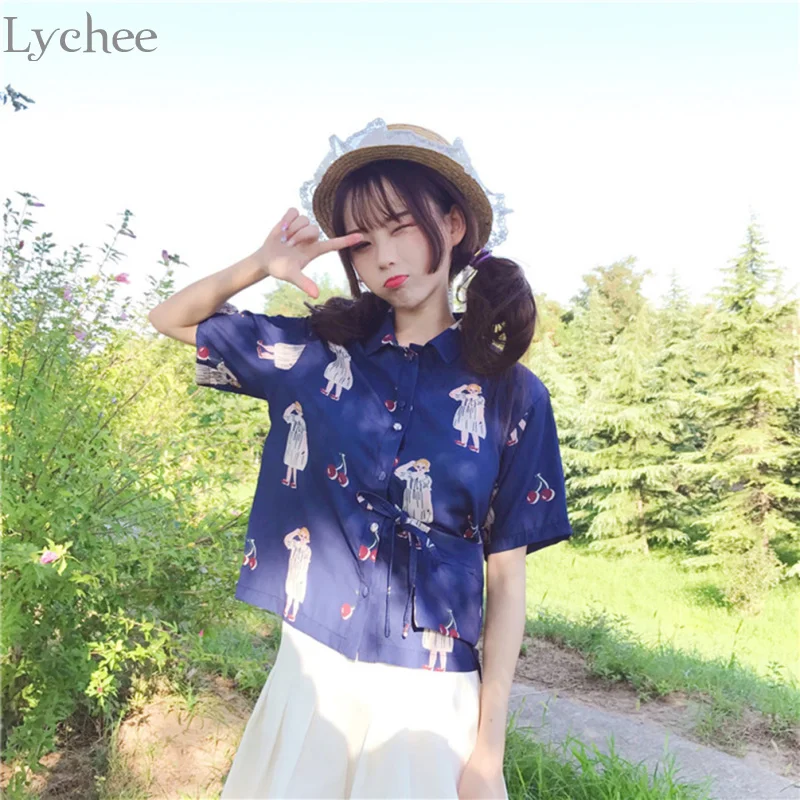 Lychee Летняя женская блузка для девочек с принтом на шнуровке и карманом короткая