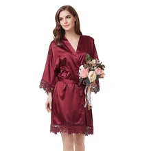 Однотонный атлас шелк кимоно халаты с кружевной отделкой женские свадебные короткий пояс купальный халат 8 цветов ночной халат одежда