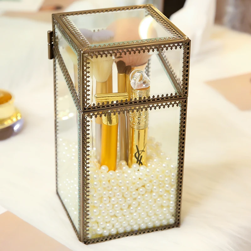 High Quality Gold Glass Makeup Tools Pen Brushes Box With Pearls Square Makeup Tools Storage Case Can Put Makeup Pen Brushes