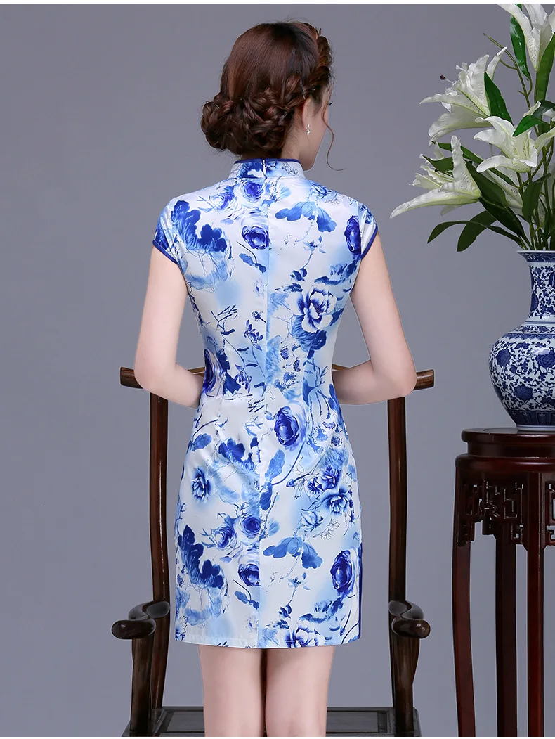 Китайский атласное платье Для женщин Мини Cheongsam Размеры S до 2XL