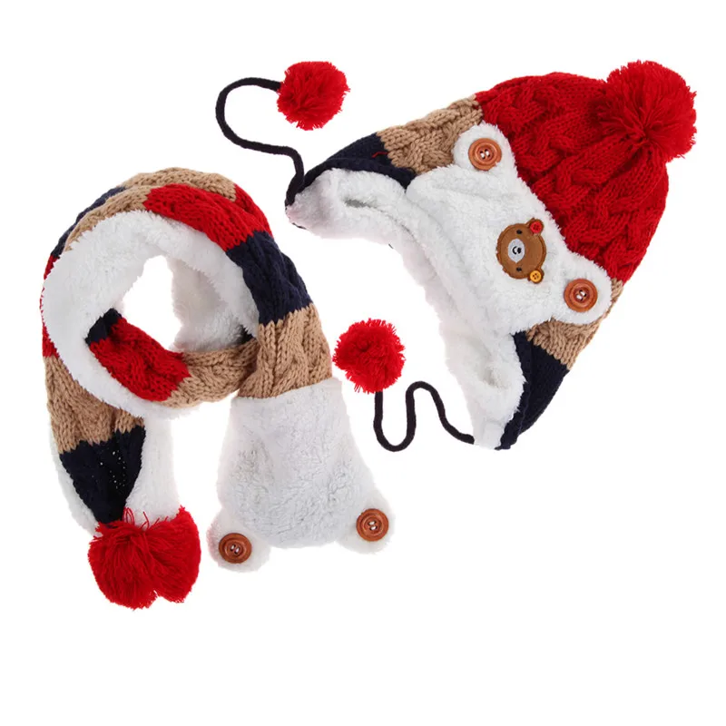 Теплые зимние детские шапочки вязанная шапка-ушанка и шарф, комплект из 2 предметов, повседневные теплые детские шапочки-бини, теплые шапки, детские шапки для девочек и мальчиков - Цвет: D 1