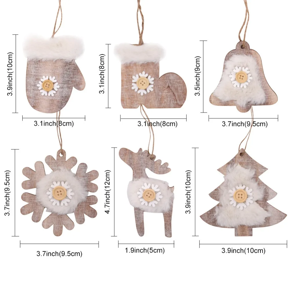 OurWarm 6 шт. деревянные рождественские украшения подарок на год искусственный мех Снежинка колокольчик олень Висячие орнаменты деревенские рождественские украшения