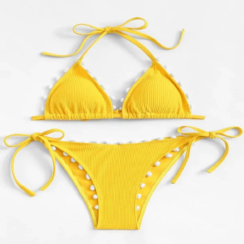 

Solid Color Sexy Bikini Velvet Beads Bind Two-Piece Swimwear 2019 Women Swimsuit