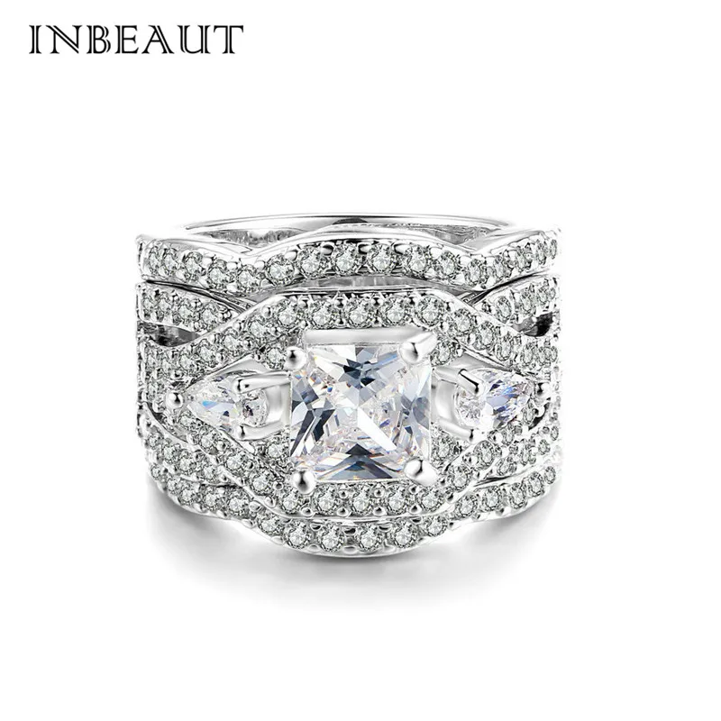

Trendy Brand Three-Piece Set Wedding Rings Women Brilliant Cut Shine CZ Square White Zircon Ring Original Jewelry Christmas Gift