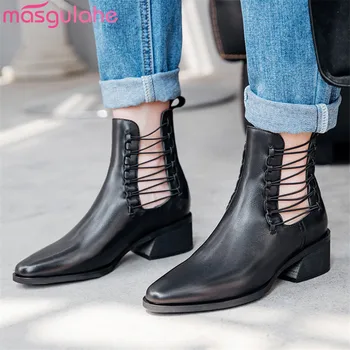 

Masgulahe 2019 top quality genuine leather shoes woman ankle boots fashion simple summer boots square heels punk shoes ladies