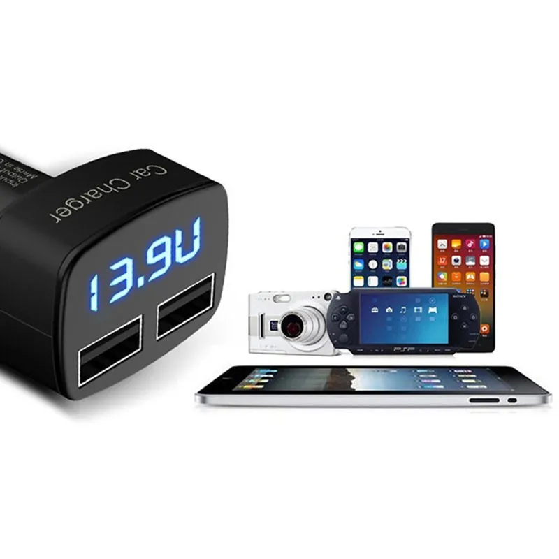 العالمي 4 في 1 شاحن سيارة ثنائي USB DC 5 V 3.1A محول مع الجهد/درجة الحرارة/الحالي متر فاحص شاشة LED رقمية