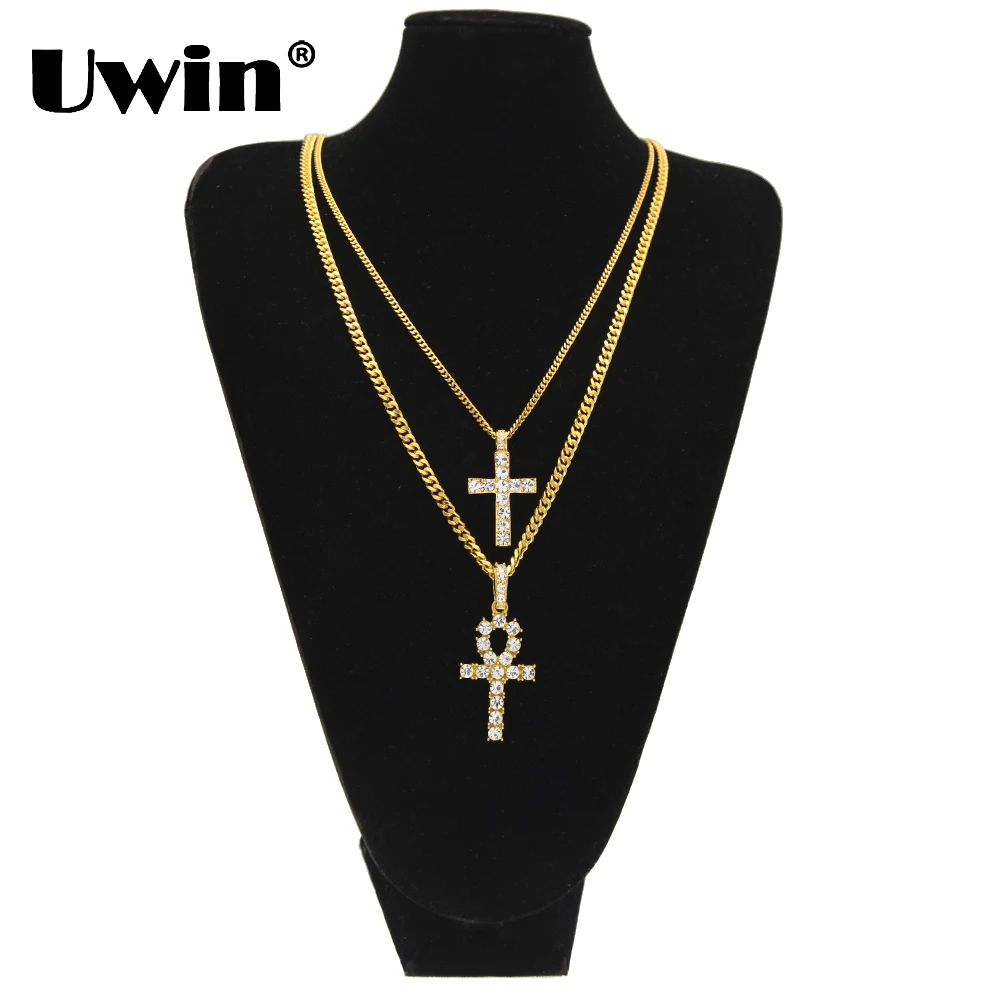 Chave de Vida e Cruz Colar para Mulheres Uwin Egípcio Ankh Colares Pingentes Conjunto Completo Strass Moda Homens Hip Hop Jóias