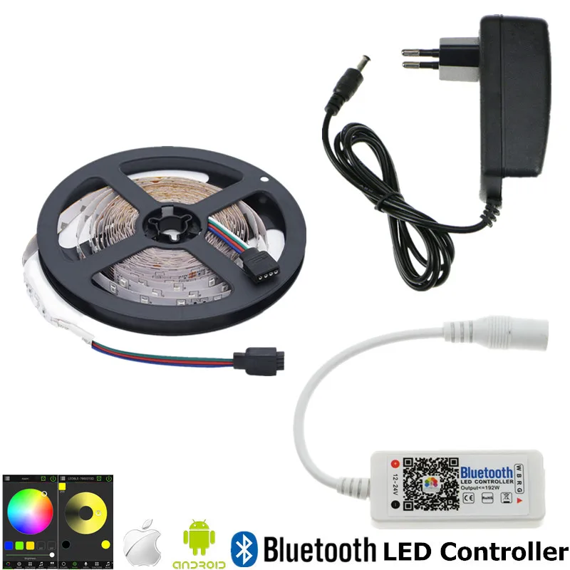 

LED Light 2835 RGB Strip 5m 300 LED Diode Tape IP20 No Waterproof RGB Ribbon+Bluetooth Controller+12V 2A LED Adapter EU US Plug