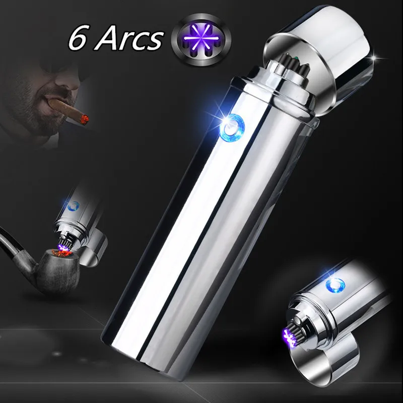 

New Cigar USB Lighter Electric 6 Pulse Arc Tobacco Pipe Lighter Cigarette Powerful Six Plasma Thunder Metal Cigarette Accessory