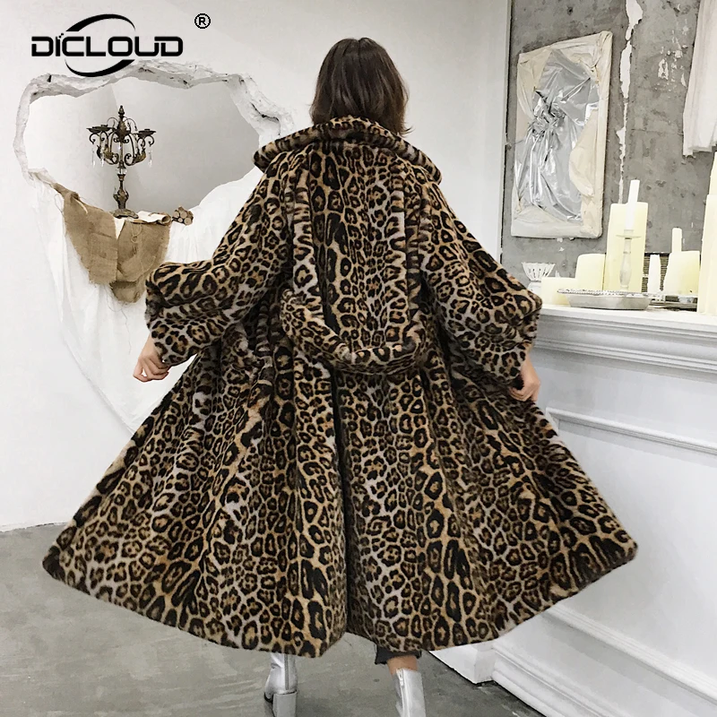 Chic X Long Leopard Faux Fur Coat Jacket Winter Fashion New Pocket Outerwear Thick Warm Cozy Faux Mink Fur Overcoat Female