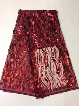

Free shipping (5yards/pc) high quality wine red 3 d flowers African sequins lace fabric French net lace fabric for party dress