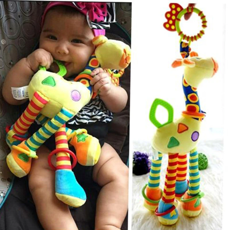 Plush Infant Baby Development Soft Giraffe Animal Handbells Rattles Handle Toys Hot Selling WIth Teether Baby Toy D-25