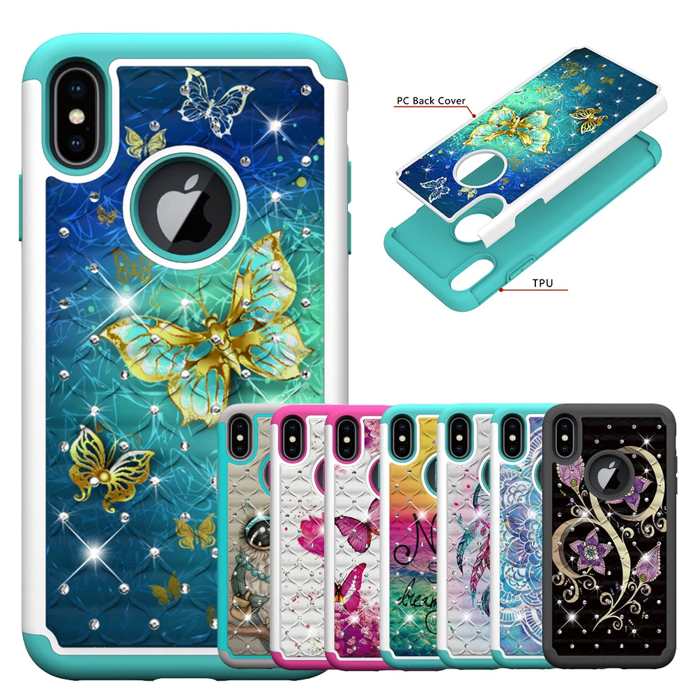 Чехол для телефона Iphone XR Xs Max X 2 в 1 с блестящими кристаллами Ударопрочный Мягкий
