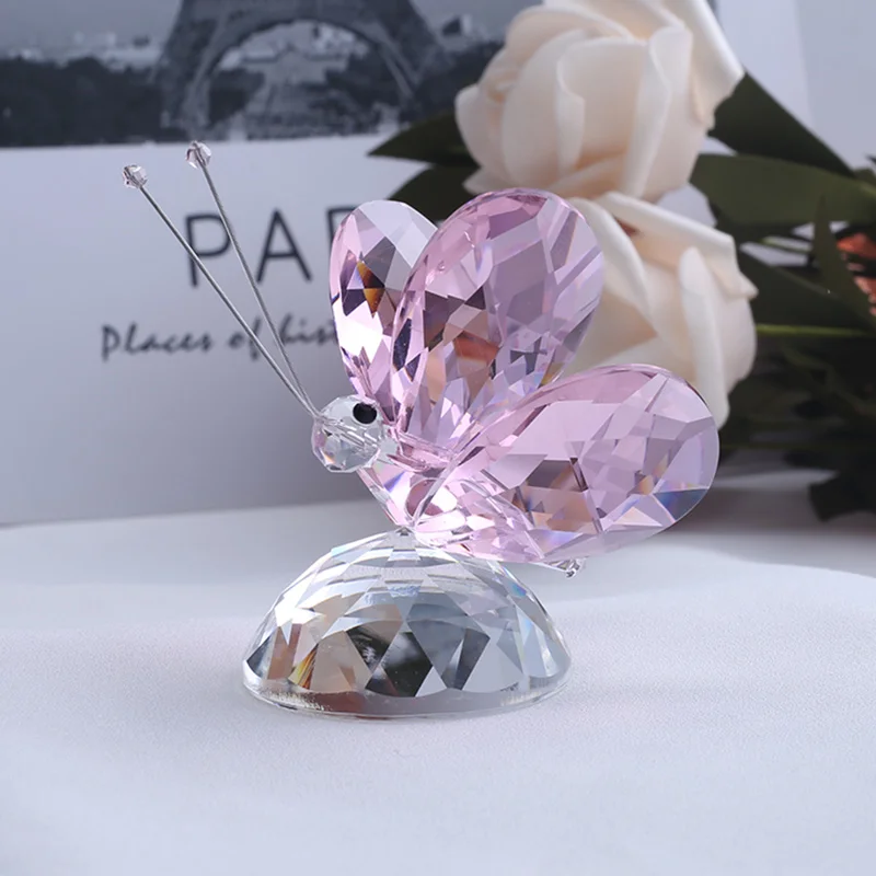 Миниатюрная статуэтка в виде бабочки из кристаллов ручной работы, украшение в виде садовой феи, подарок для домашнего декора, пресс-папье - Цвет: Pink