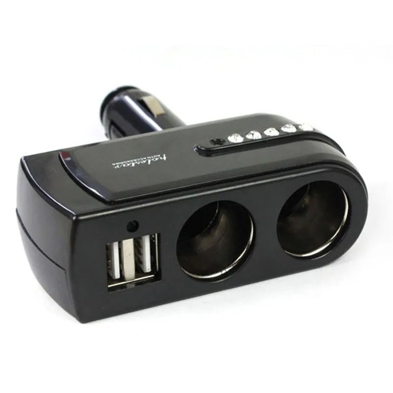 

New 2 USB Charger Supply + Double Sockets Car Cigarette Lighter Extender Splitter Car-styling for mobile phone charger Auto