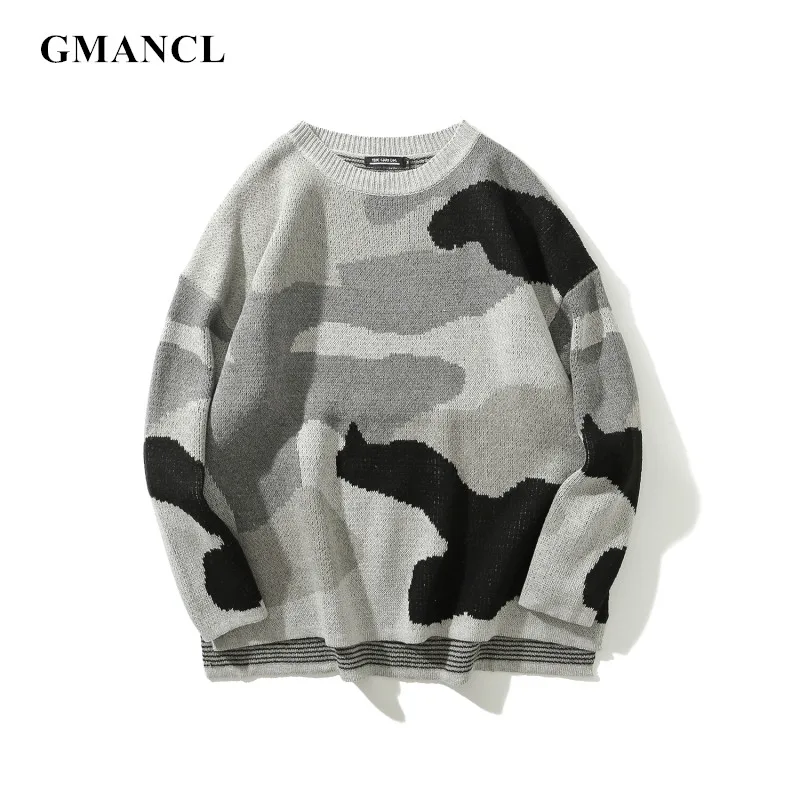 

Men New Camouflage gray Hip hop O-Neck Sweater winter Autumn Mens Cotton Loose Streetwear Casual Oversized Pullover Sweater