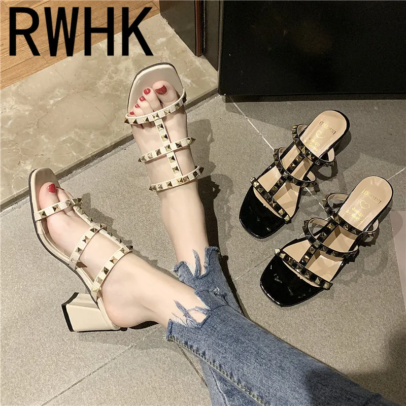 

RWHK 2019 summer net red fashion girl high heel one button buckle with heel rivet student open toe Roman slippers B156