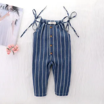 

Baby Clothes Girl Summer Strap Rompers Stripes Print Toddler Long Jumpsuits Navy Blue Infant Kids Sleeveless Overalls