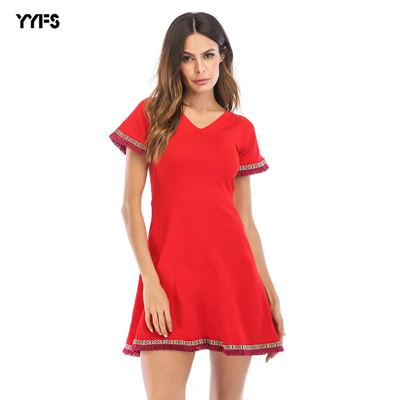 

2019 women's clothing, Amazon Express hot style vintage dress, V-collar, back tie, waist-curling short-sleeved A-skirt.