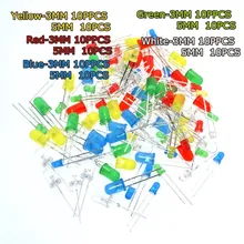 100 шт./лот, 3 мм, 5 мм, светодиодный комплект, разноцветный, красный, зеленый, желтый, синий, белый светильник, светодиод