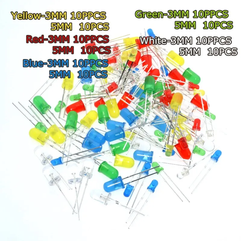 

100PC/Lot 3MM 5MM Led Kit Mixed Color Red Green Yellow Blue White Light Emitting Diode Free Shipping